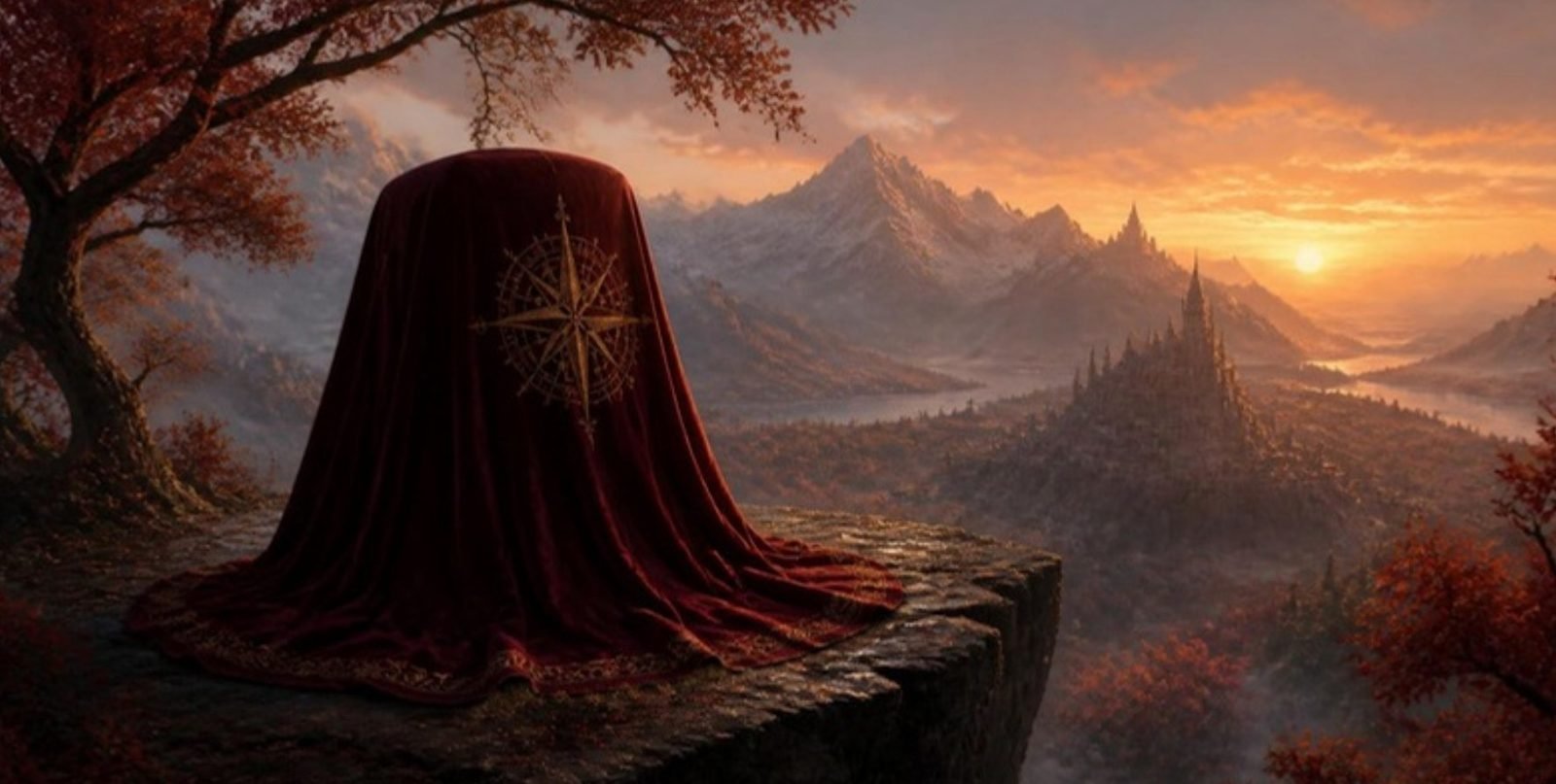 A covered artifact beneath burgundy cloth on a cliff above a distant castle