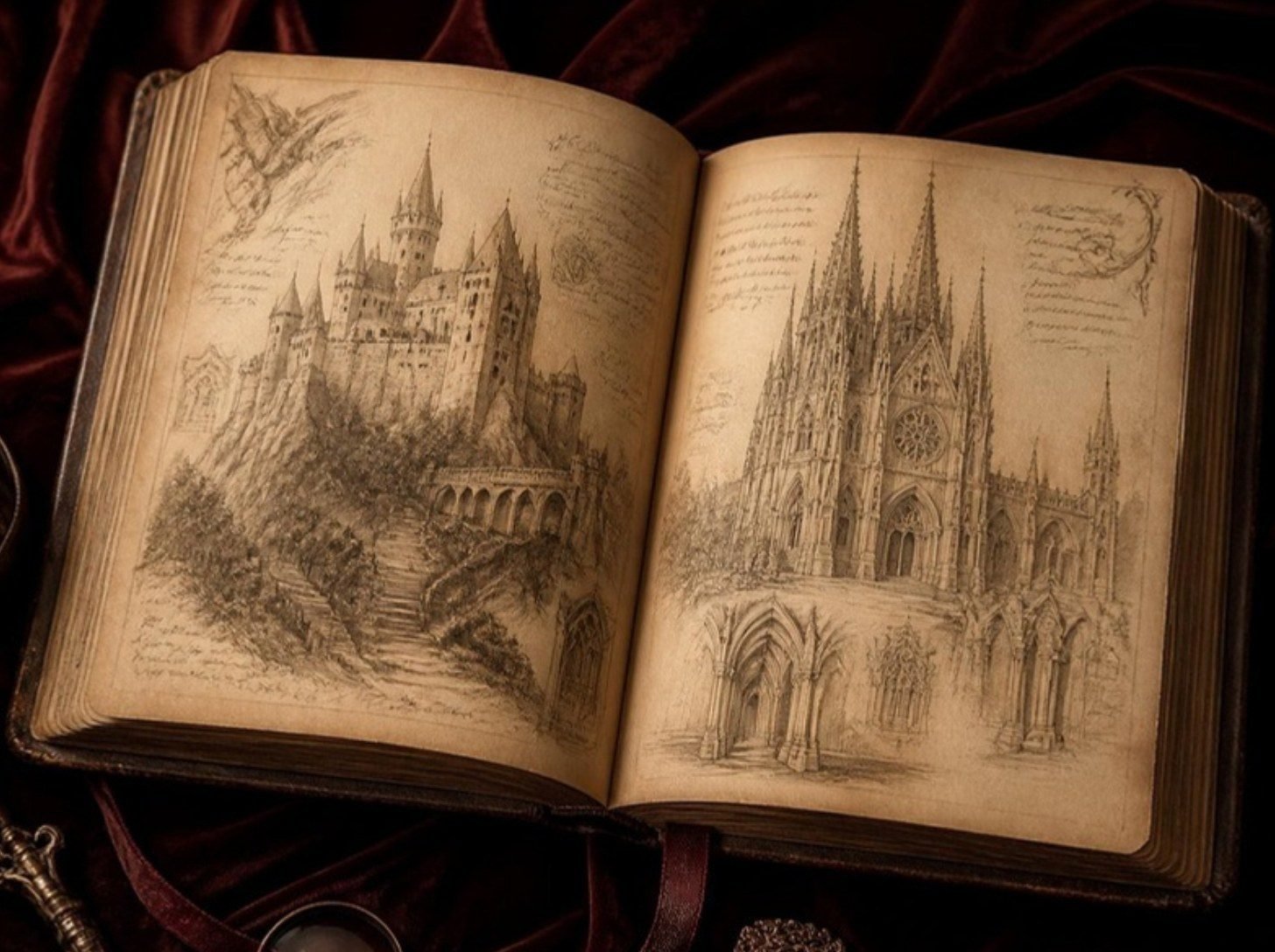 An open sketchbook of castle drawings on velvet