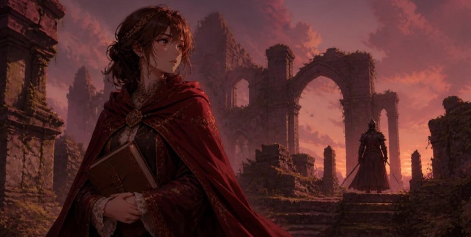 The Royal Archivist holding the journal before ancient ruins, a knight in the distance